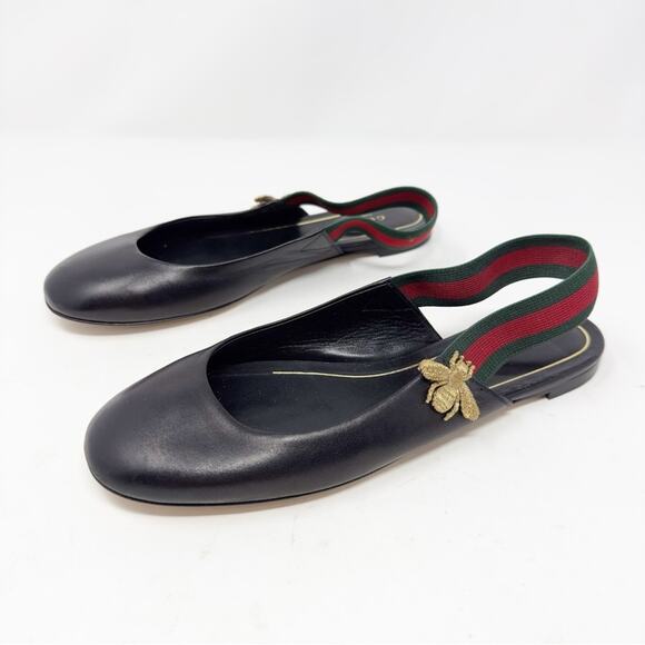 Gucci Bayadere Web Stripe Bee Black Leather Slingback Flats Size EU 38 US 8 - Picture 1 of 9